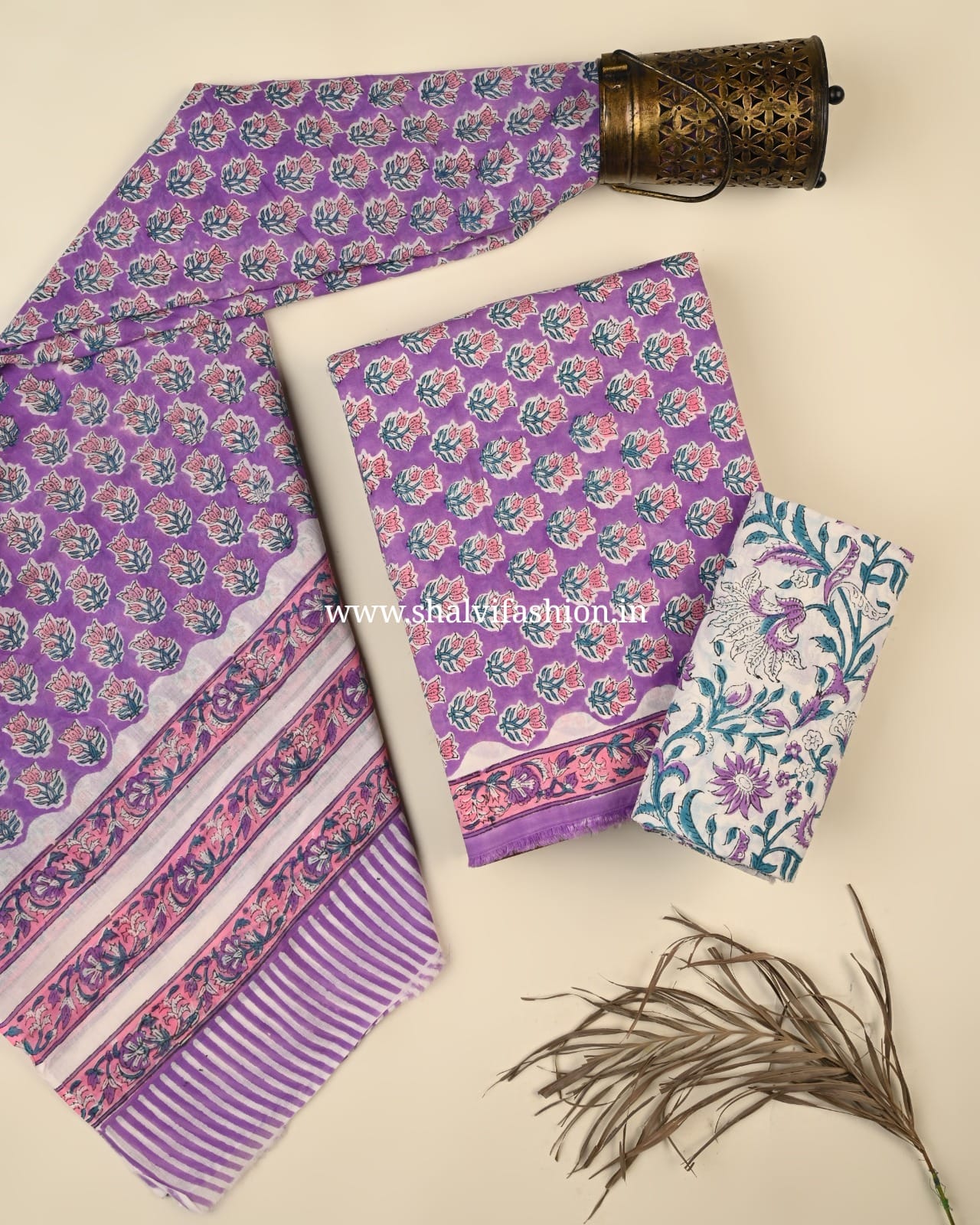 Shop block printed cotton suits with mulmul dupatta (PRMUL541)