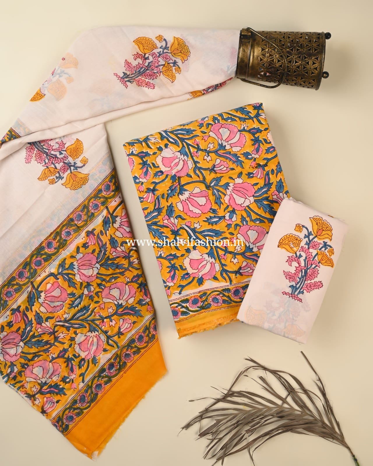 Shop block print cotton suits with mulmul dupatta (PRMUL544)