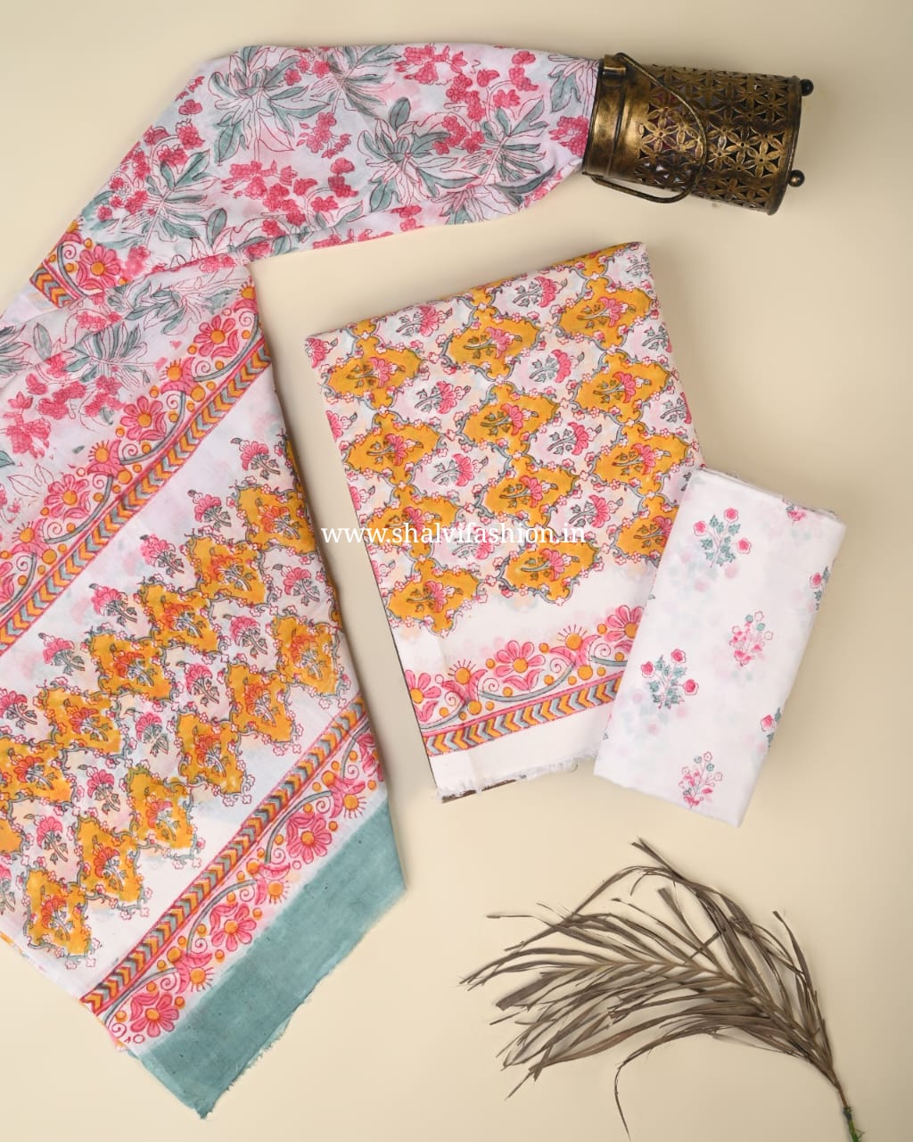Shop block print cotton suits with mulmul dupatta (PRMUL556)