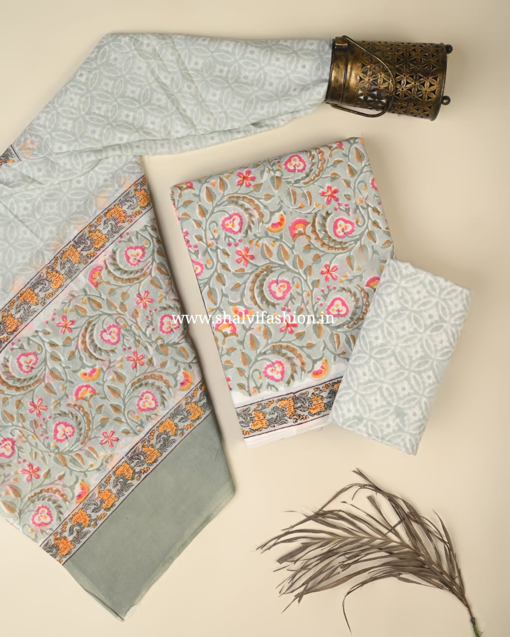 Shop unstitched block print cotton suits with mulmul dupatta (PRMUL557)