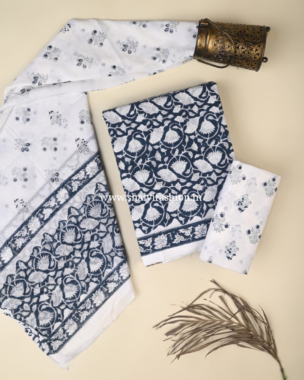 Shop block print cotton suits with mulmul dupatta (PRMUL558)