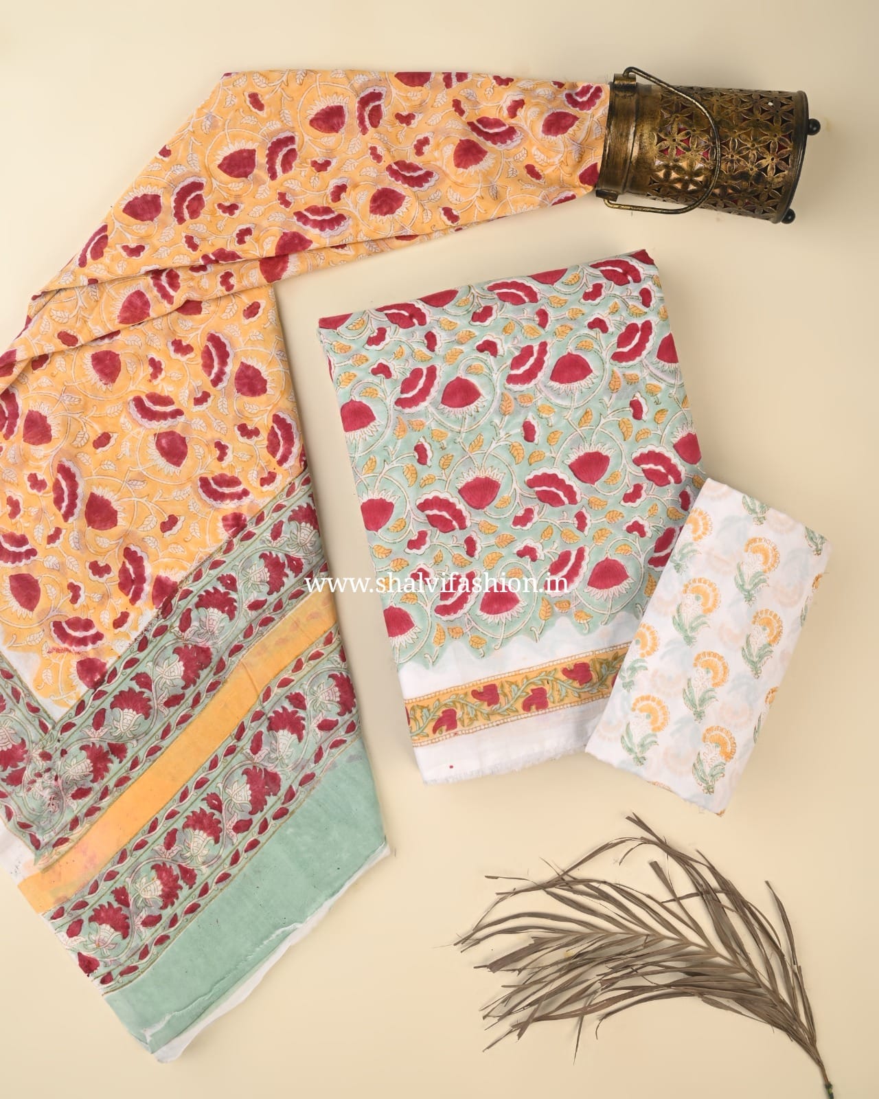 Shop block printed cotton suits with mulmul dupatta (PRMUL560)