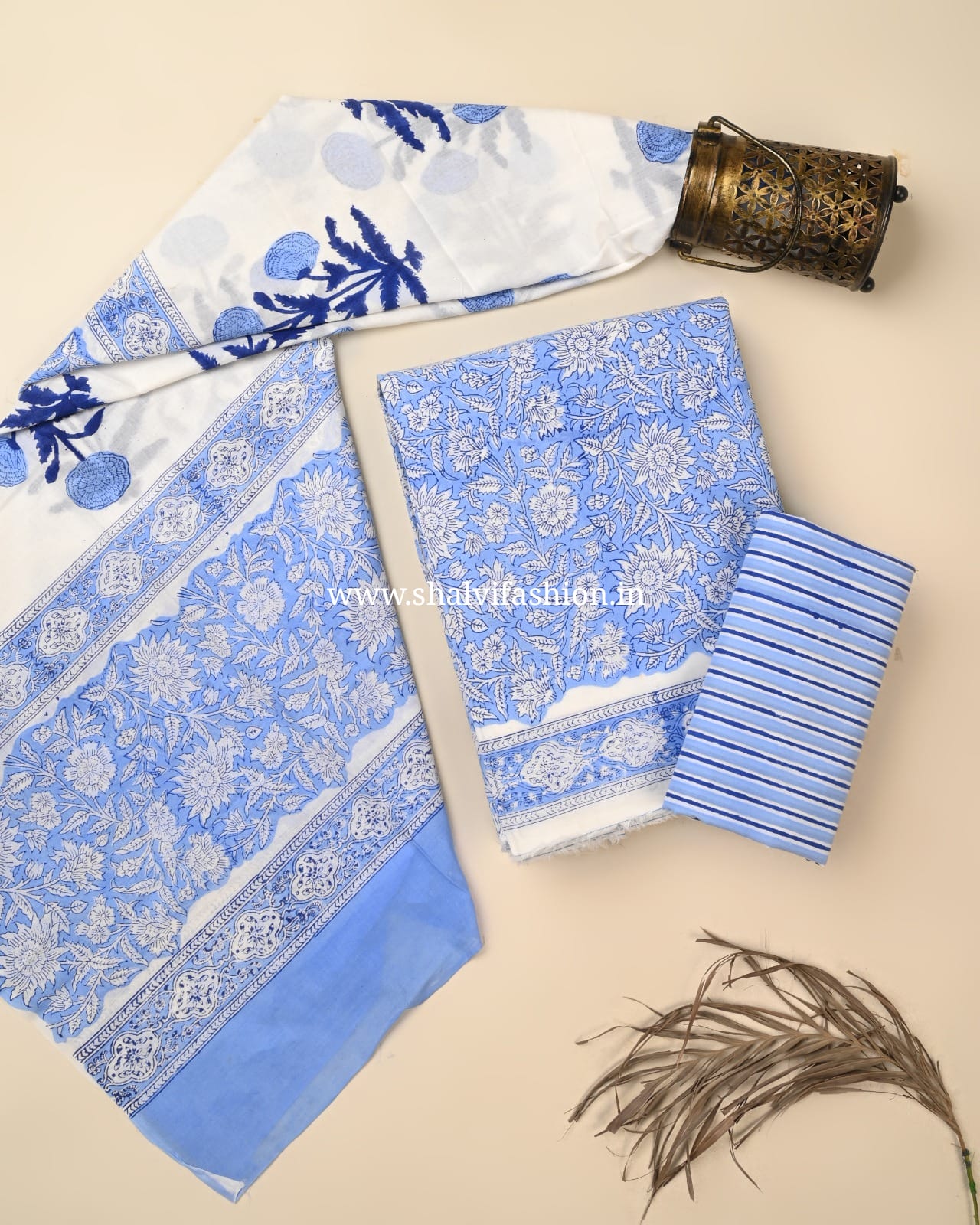 Shop block printed cotton suits with mulmul dupatta (PRMUL614)