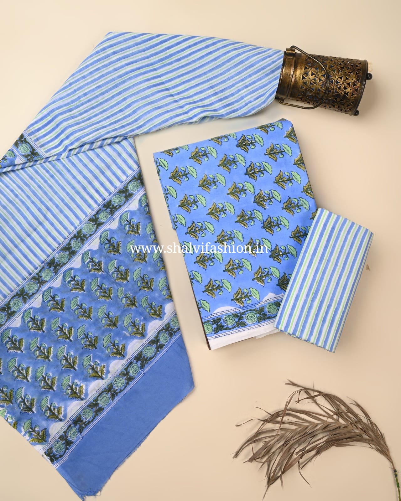 Shop block printed pure cotton suits with mulmul dupatta (PRMUL621)