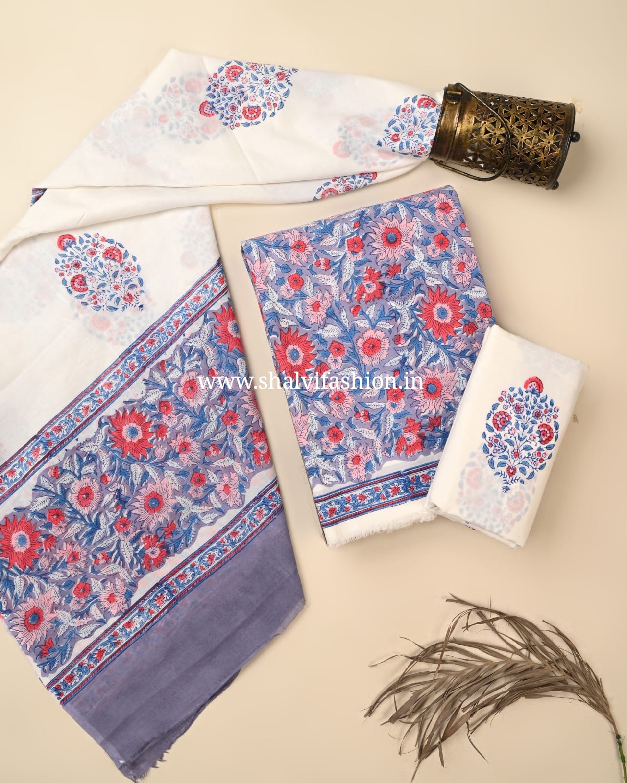 Shop jaipuri block printed cotton suits with mulmul dupatta (PRMUL622)