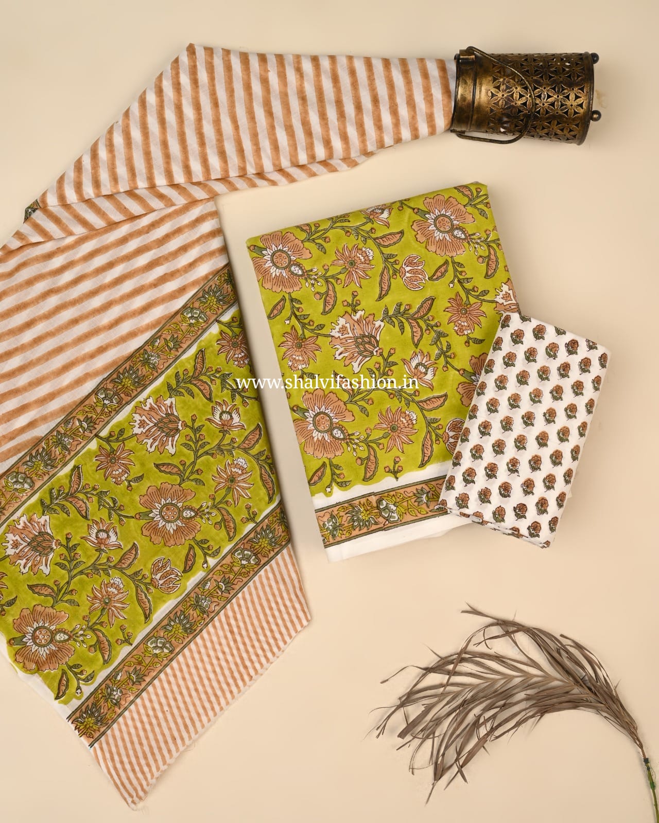 Shop block print cotton suits with mulmul dupatta (PRMUL636)