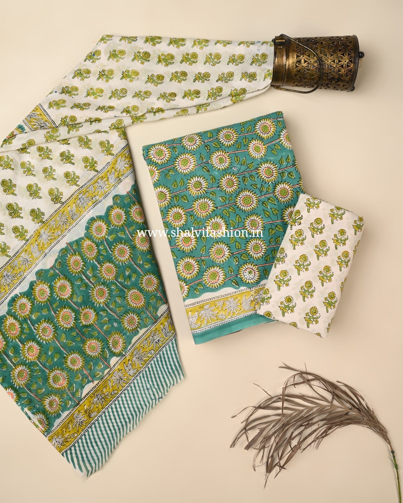Shop block printed cotton suits with mulmul dupatta (PRMUL646)