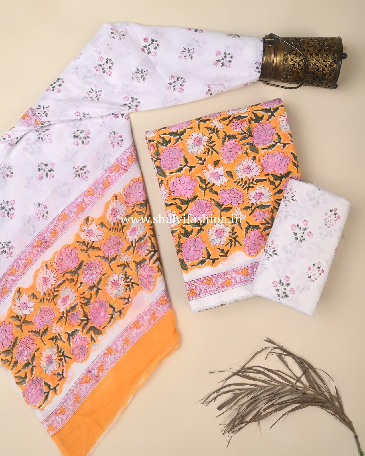 Shop hand block print cotto suits with mulmul dupatta (PRMUL692)