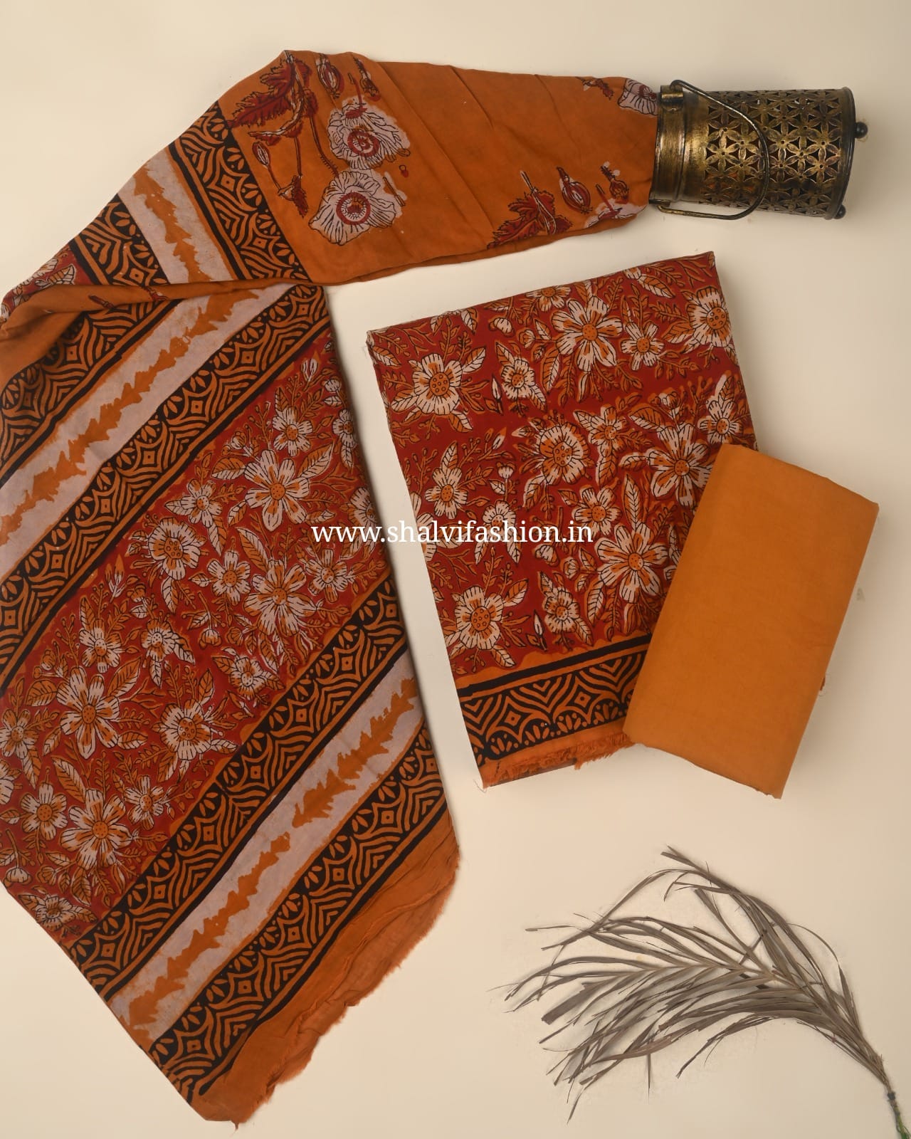 Shop unstitched jahota print cotton suits with mulmul dupatta (PRMUL698)