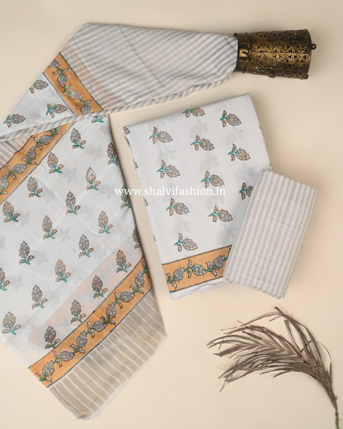 Shop block print cotton suits with mulmul dupatta online (PRMUL705)
