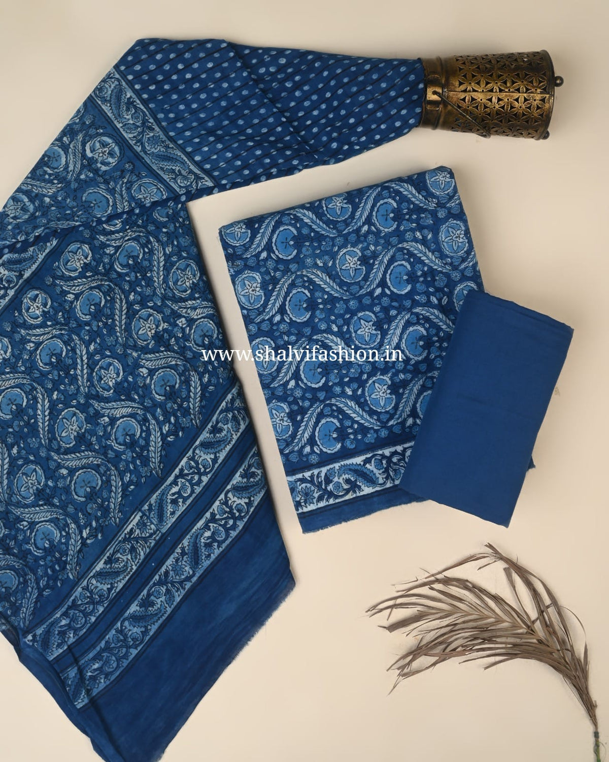 Shop indigo print cotton suits with mulmul dupatta (PRMUL707)