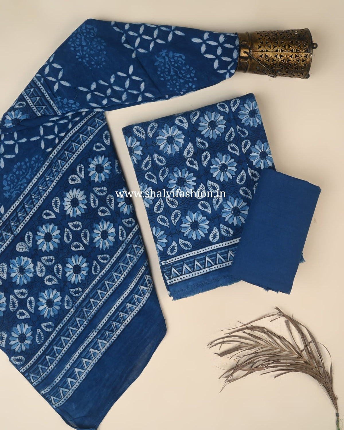 Shop unstitched indigo print cotton suits with mulmul dupatta (PRMUL708)