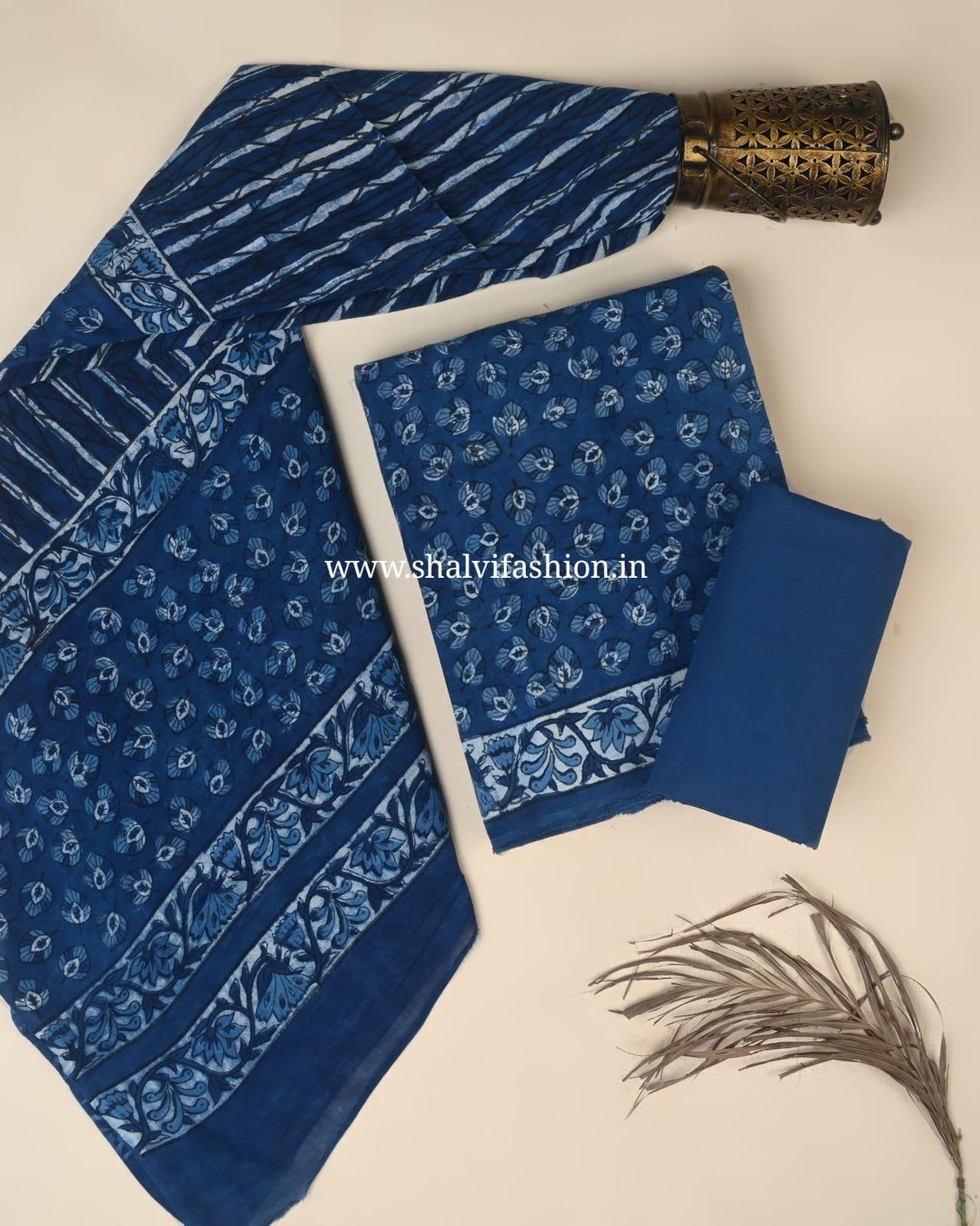 Shop indigo print cotton suits with mulmul dupatta online (PRMUL709)