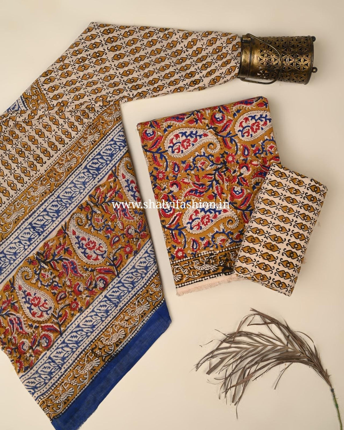 Shop unstitched block print cotton suits with mulmul dupatta (PRMUL713)