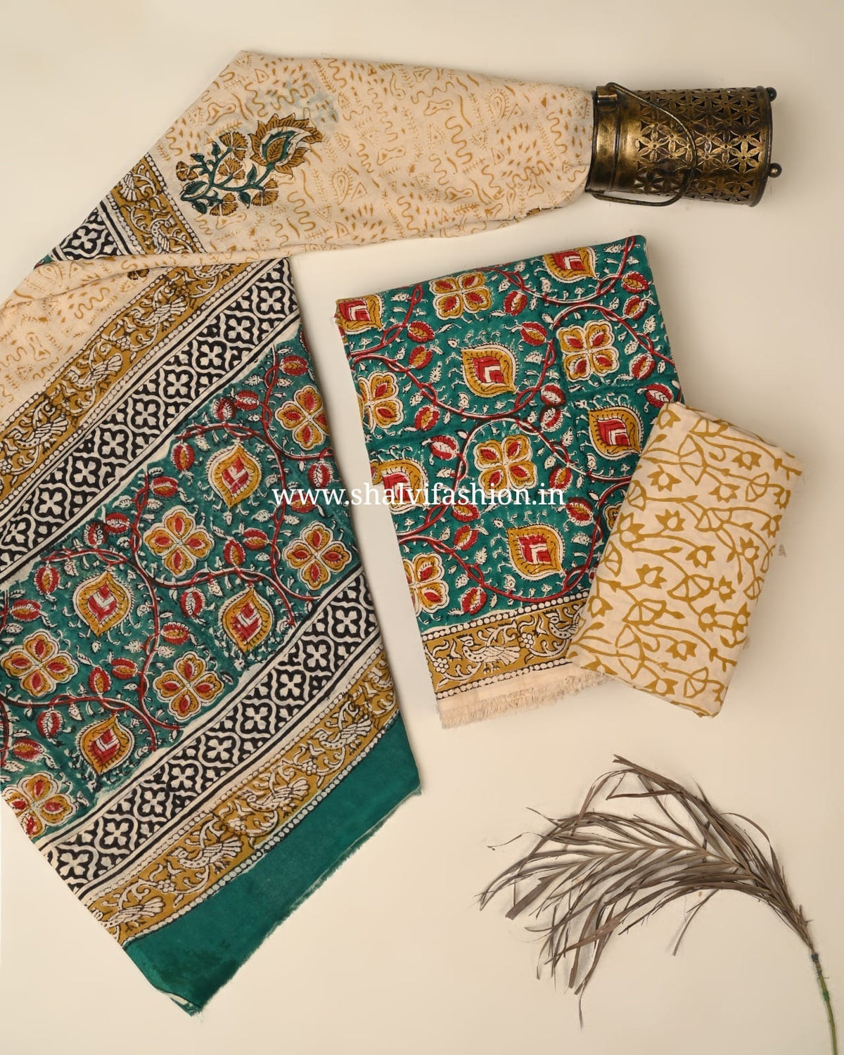 Shop block print cotton suits with mulmul dupatta online (PRMUL714)