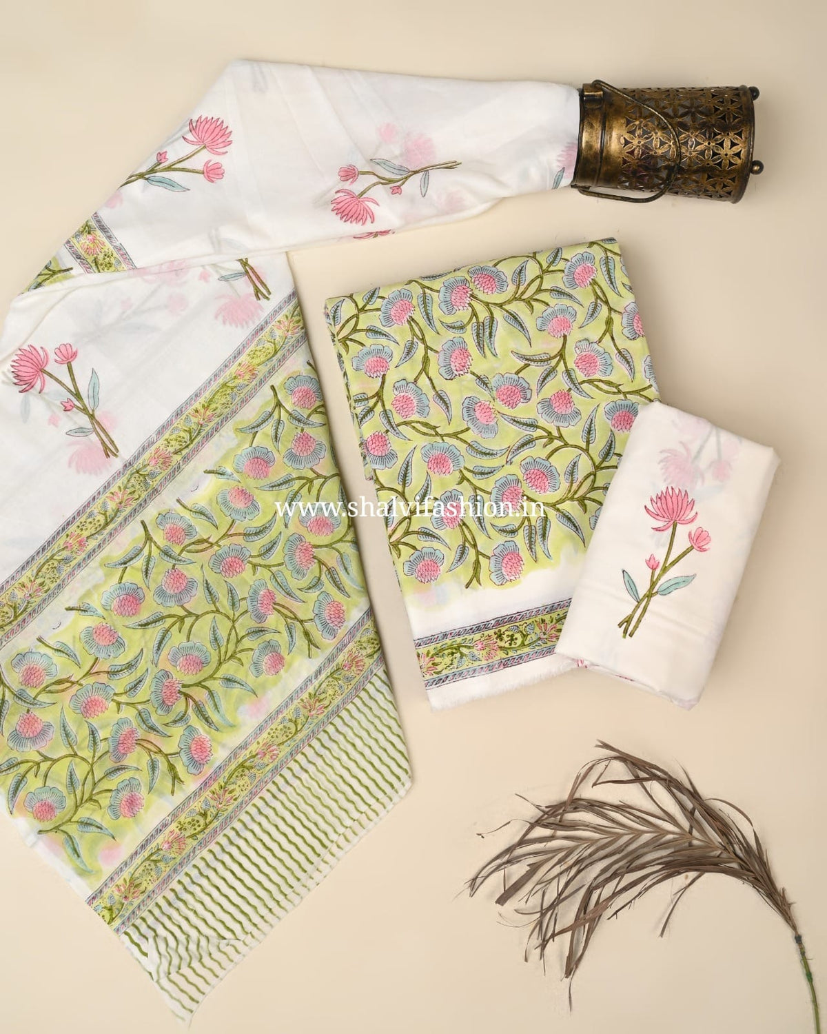 Shop hand block print cotton suits with mulmul dupatta (PRMUL717)