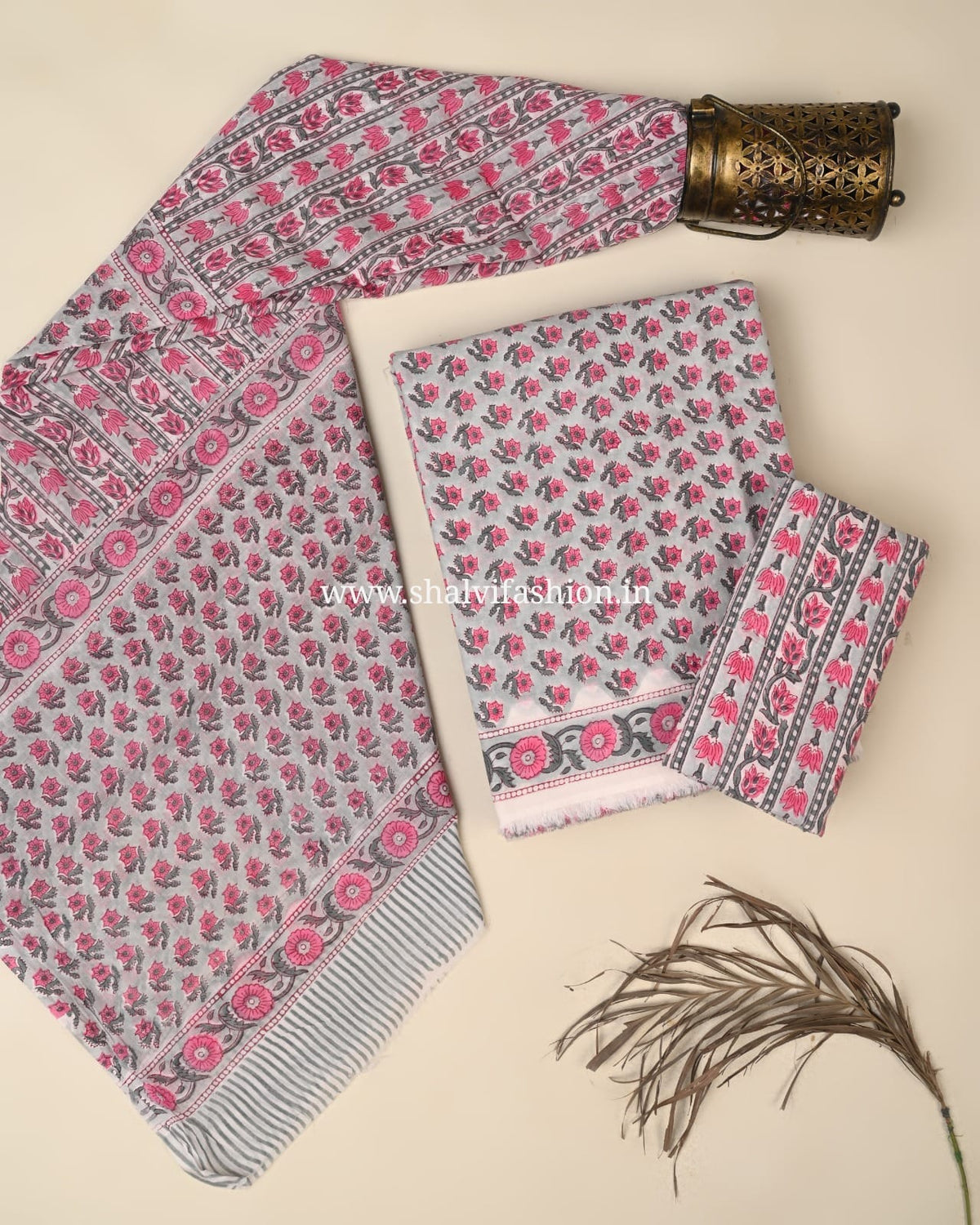 Shop jaipuri block print cotton suits with mulmul dupatta (PRMUL718)