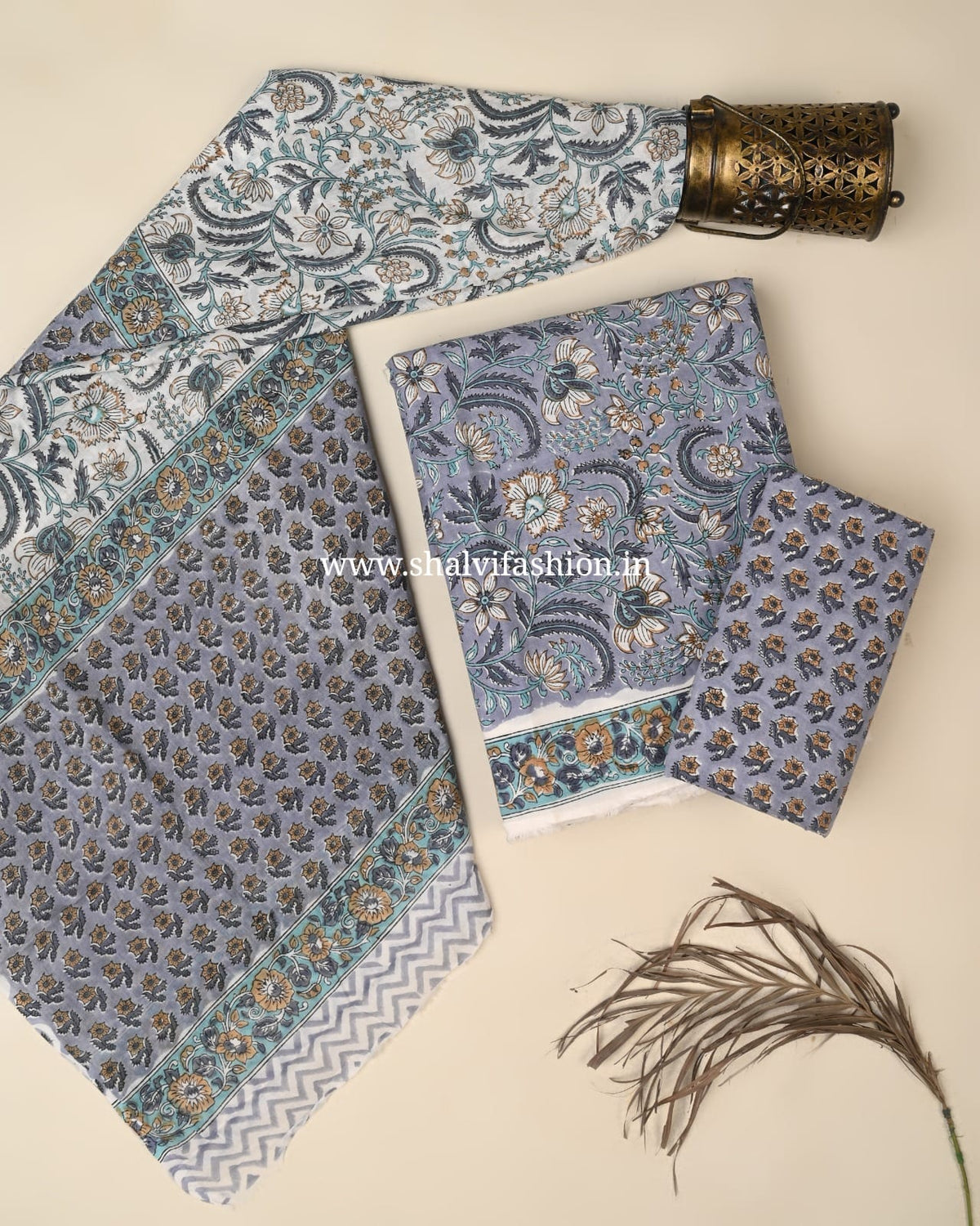 Shop unstitched block print cotton suits with mulmul dupatta (PRMUL719)