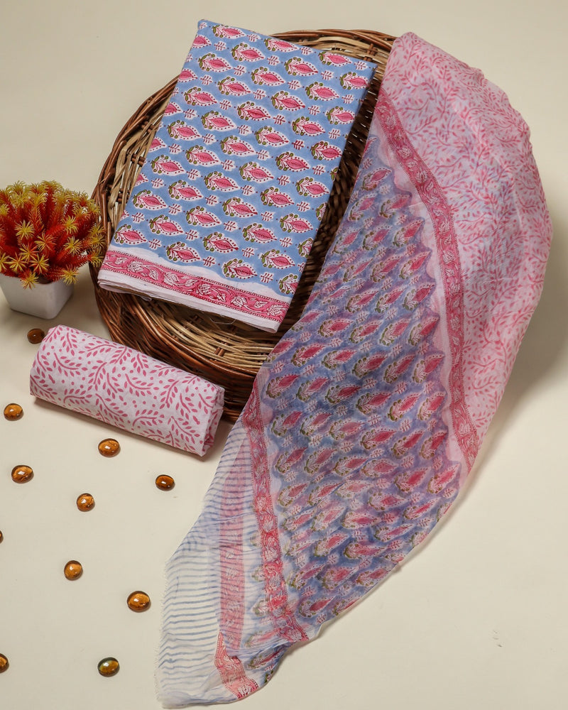 Elegant Hand Block Print Cotton Suit Set with Chiffon Dupatta (RCHF01)