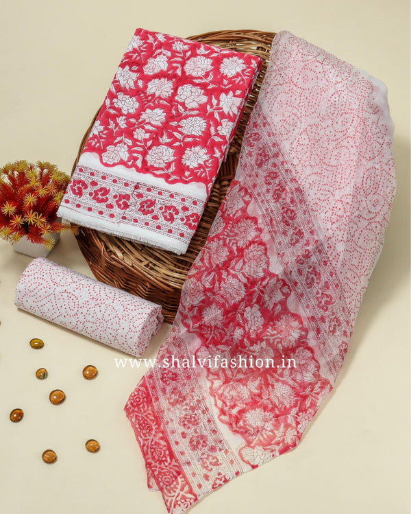 Shop unstitched block print cotton suits with chiffon dupatta (RCHF23)