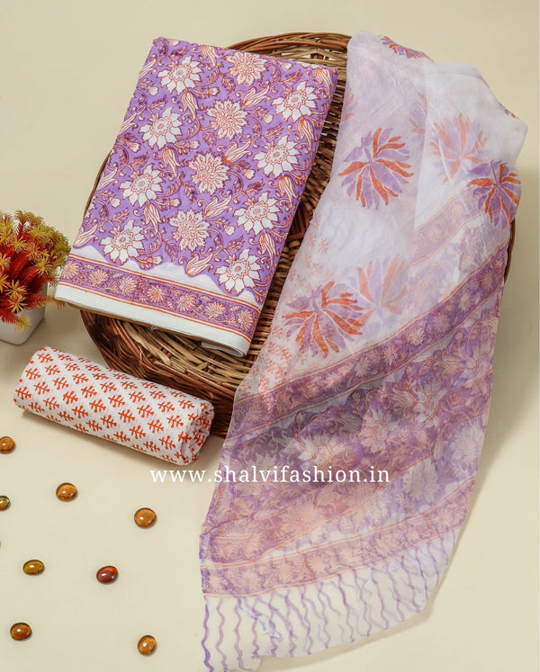 Shop hand block printed cotton suits with chiffon dupatta (RCHF25)