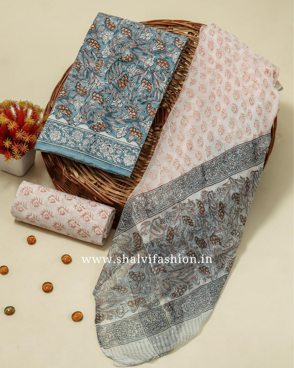 Shop block printed cotton suits with chiffon dupatta (RCHF27)