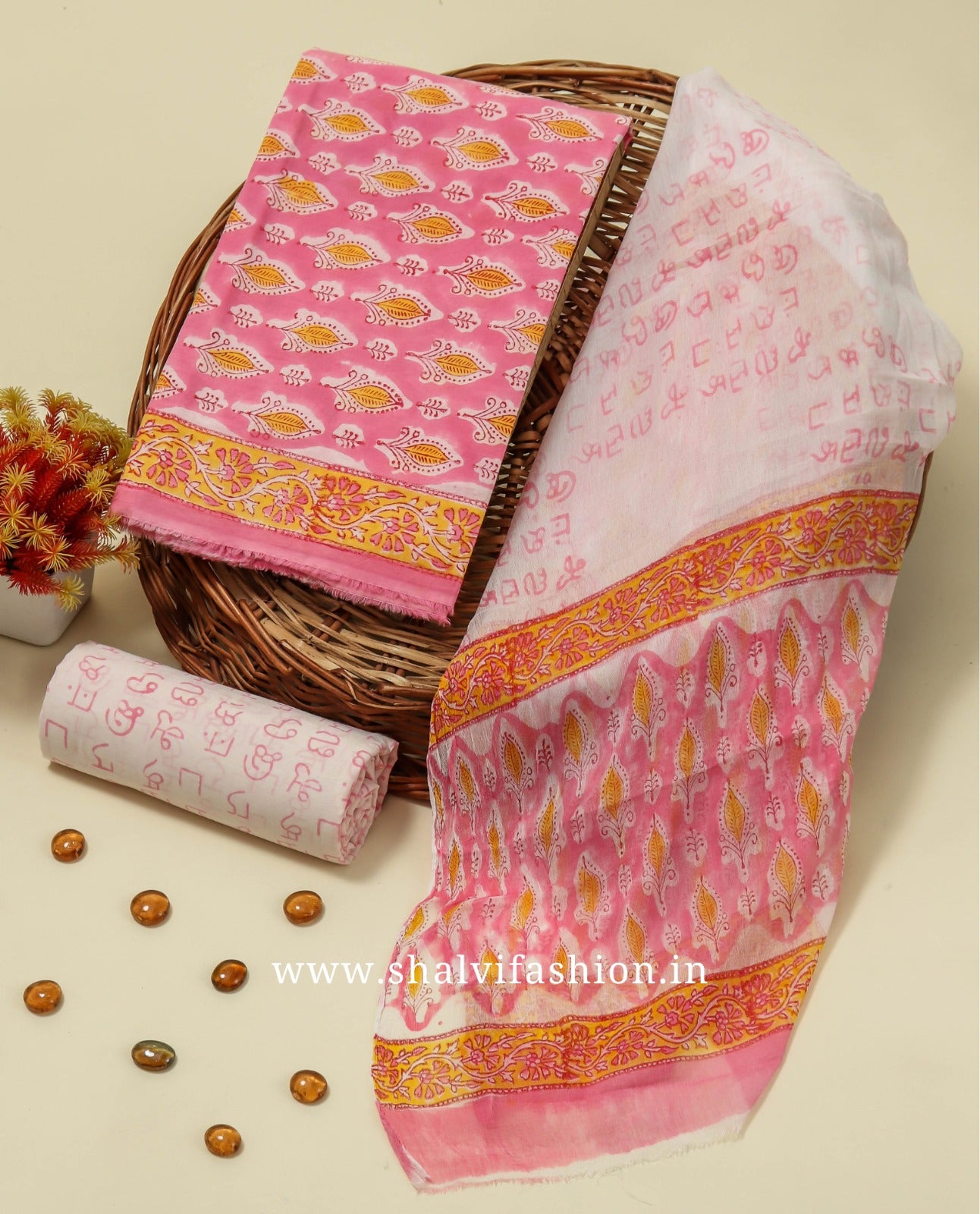 Shop block printed cotton suits with chiffon dupatta (RCHF28)