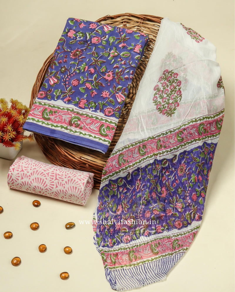 Shop block printed cotton suits with chiffon dupatta (RCHF33)