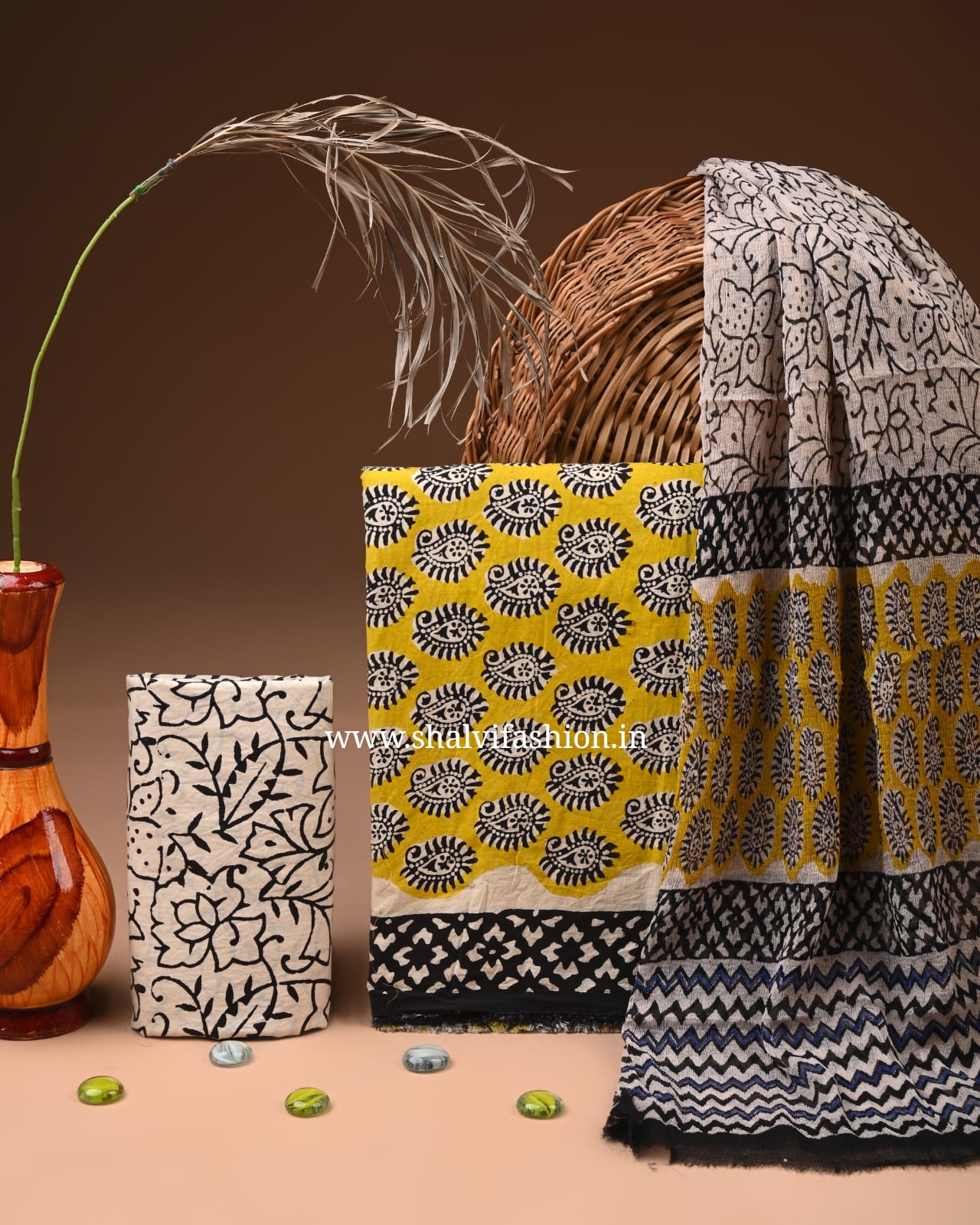 Shop unstitched block print cotton suits with chiffon dupatta (RCHF39)