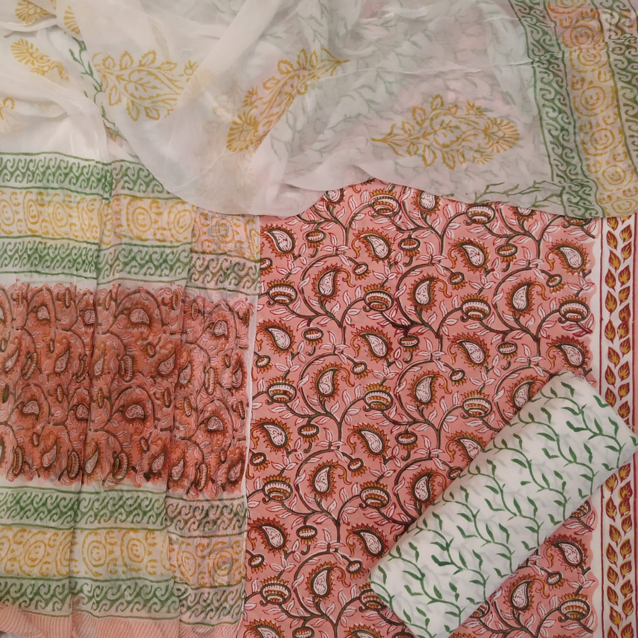 Shop Unstitched Bagru Print Pure Cotton Suits with Chiffon Dupatta (RCHF50)
