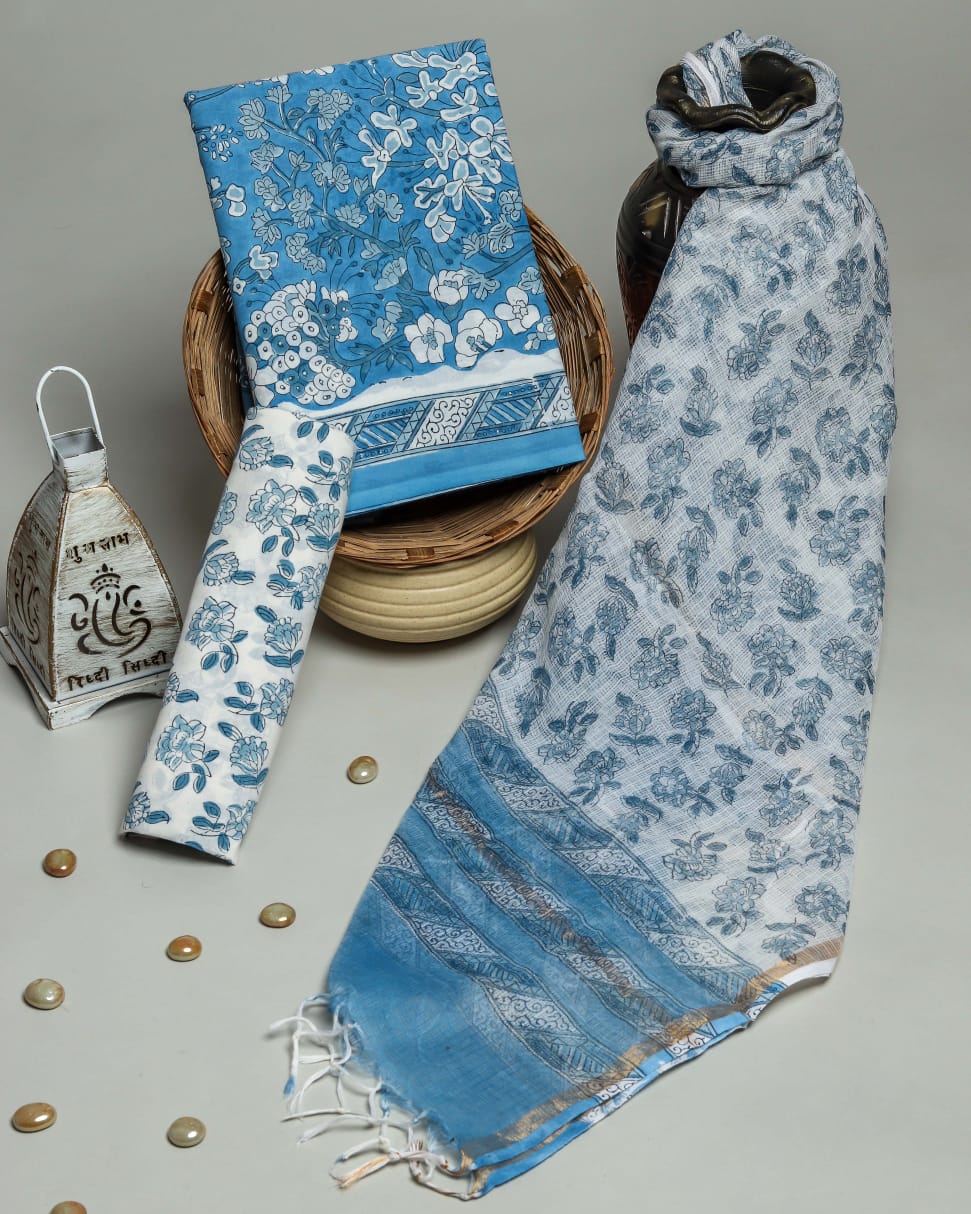 Shop unstitched blue jaal print cotton suit with kota dupatta (RKD07)