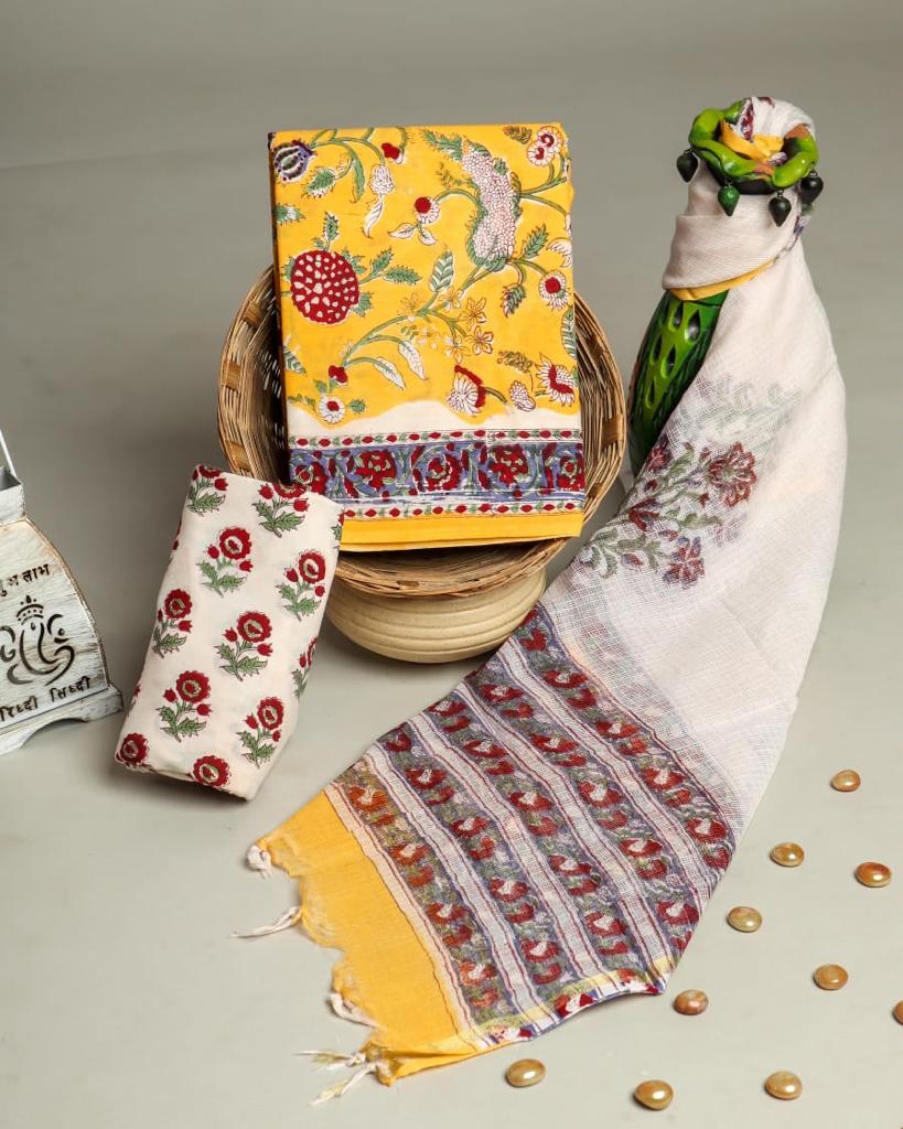 Shop yellow jaal print cotton suits with doria dupatta (RKD10)