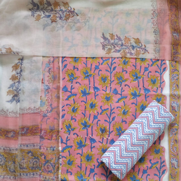 Shop block print cotton suit set with kota doria dupatta (RKD11)