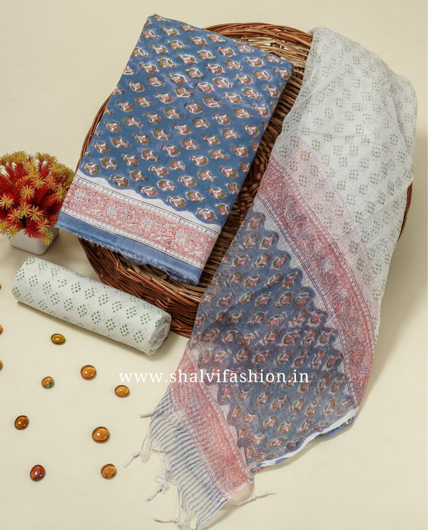 Shop block printed cotton suits with kota doria dupatta (RKD148)