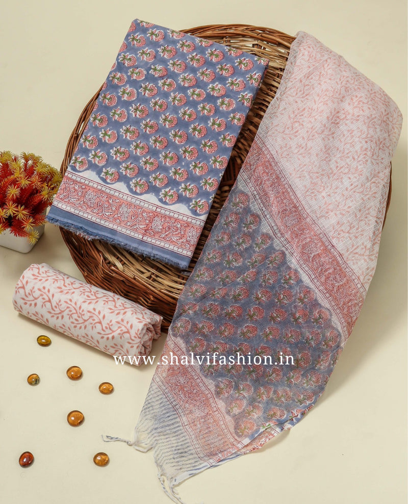 Shop hand block printed cotton suits with kota doria dupatta (RKD150)