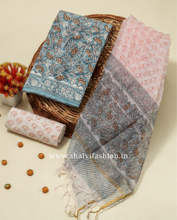 Shop block printed kota dupatta cotton suits (RKD153)