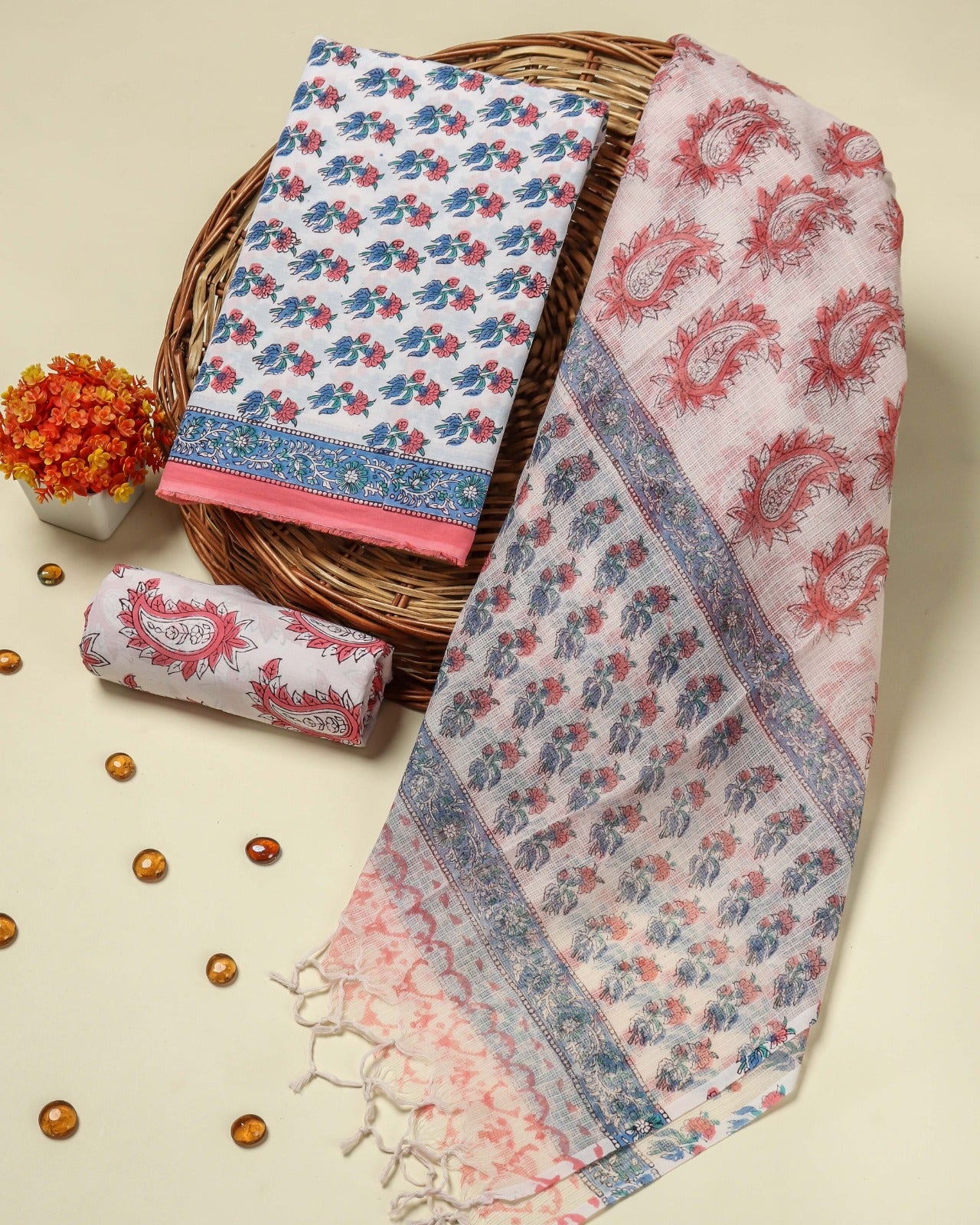 Shop unstitched block print cotton suits with kota dupatta (RKD19)