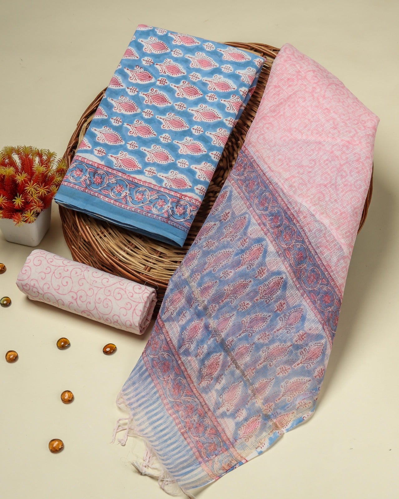 Shop unstitched block print cotton suits with kota doria dupatta (RKD24)
