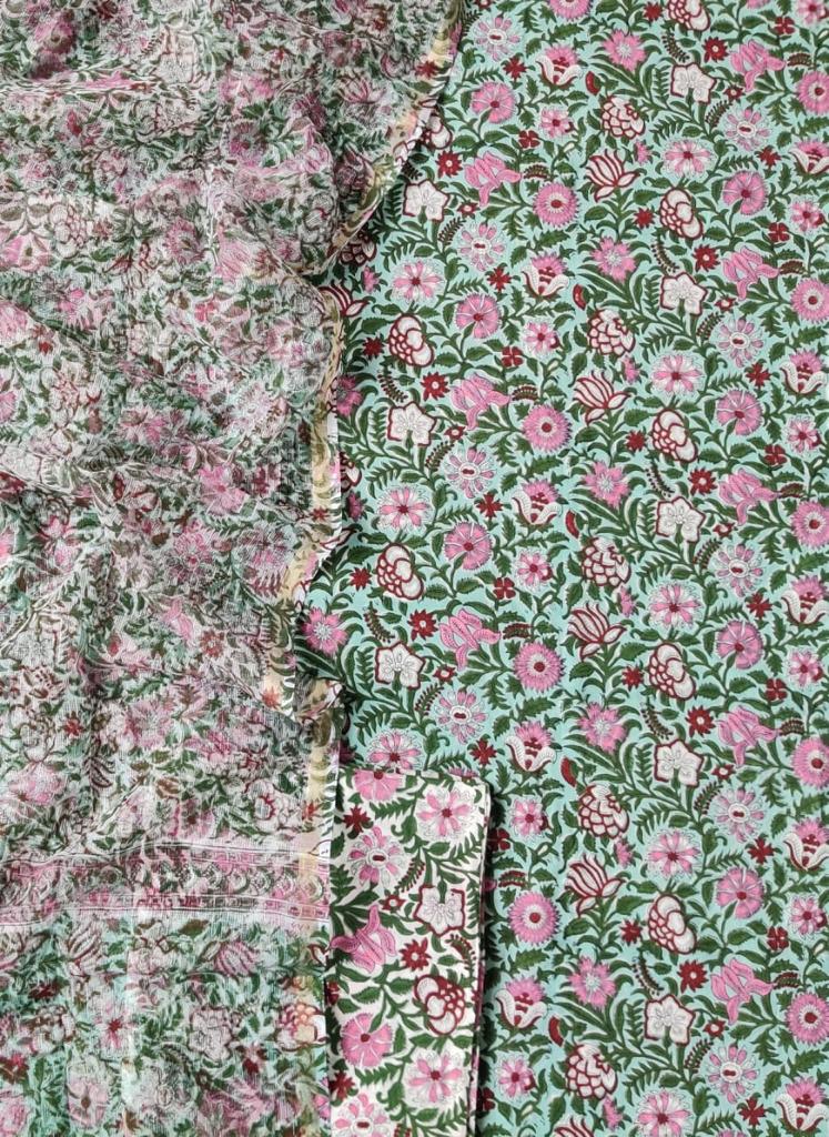 Shop block print cotton suits with kota dupatta (RKD90)