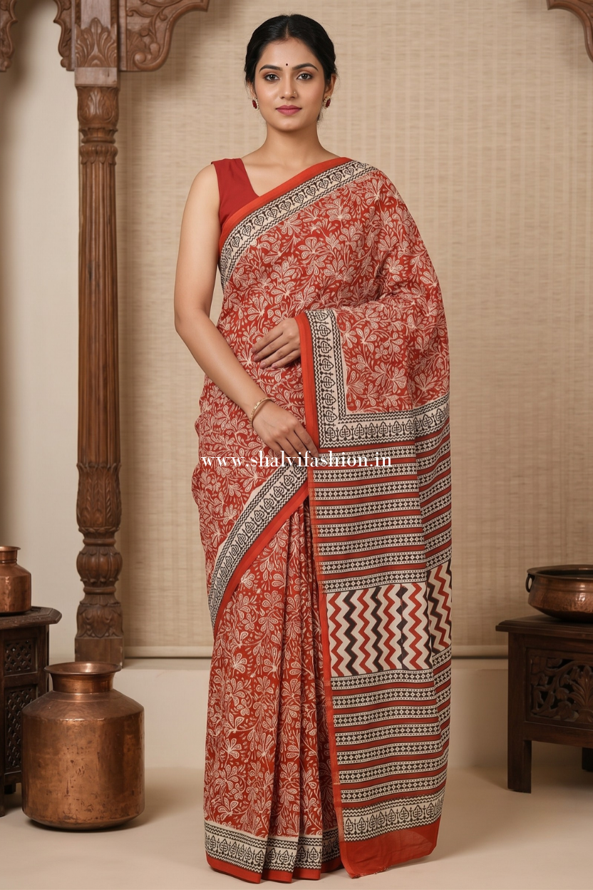 Handblock Black and White Mulmul saree - ShalviFashion
