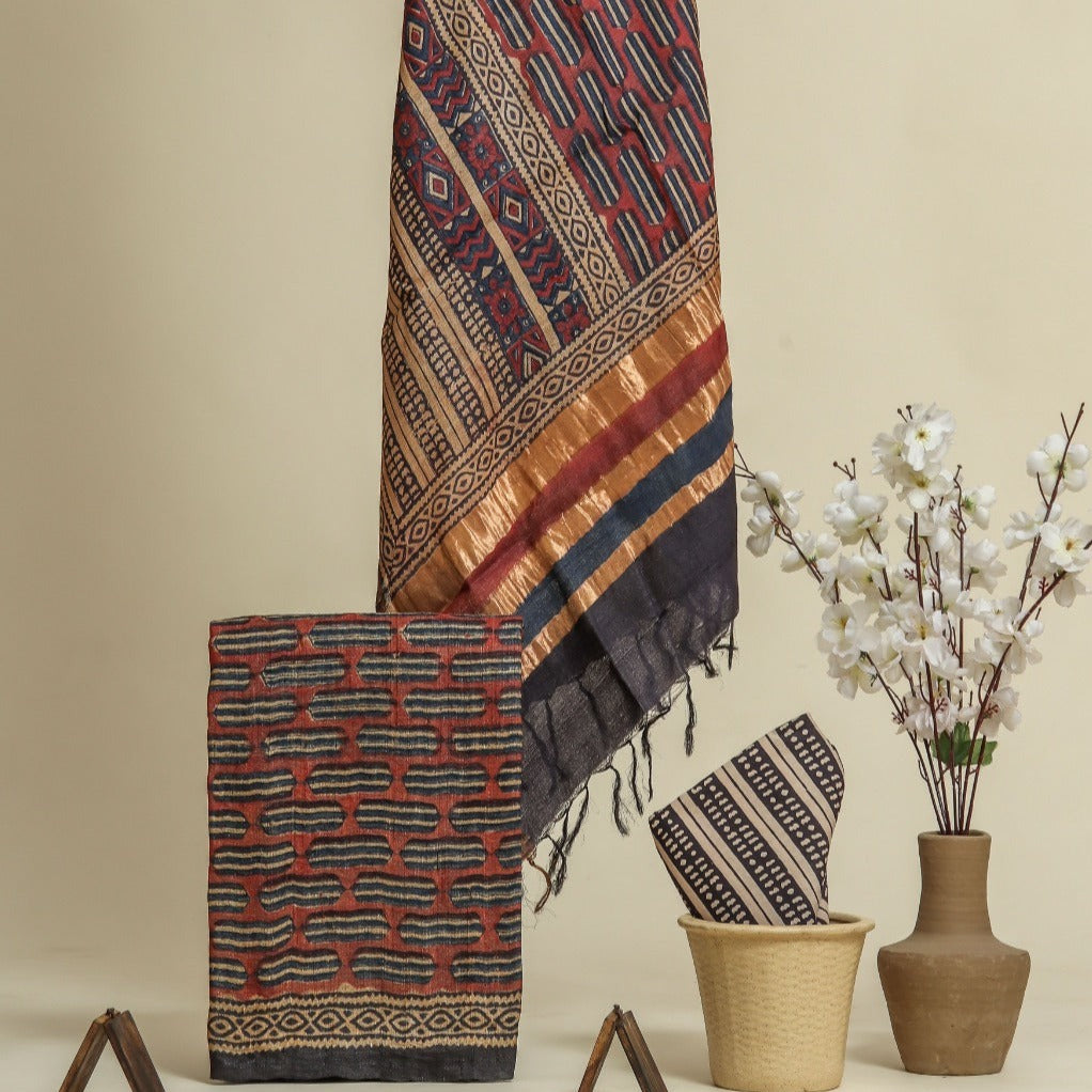 Shop hand block printed tussar silk suits in jaipur (TUS17)