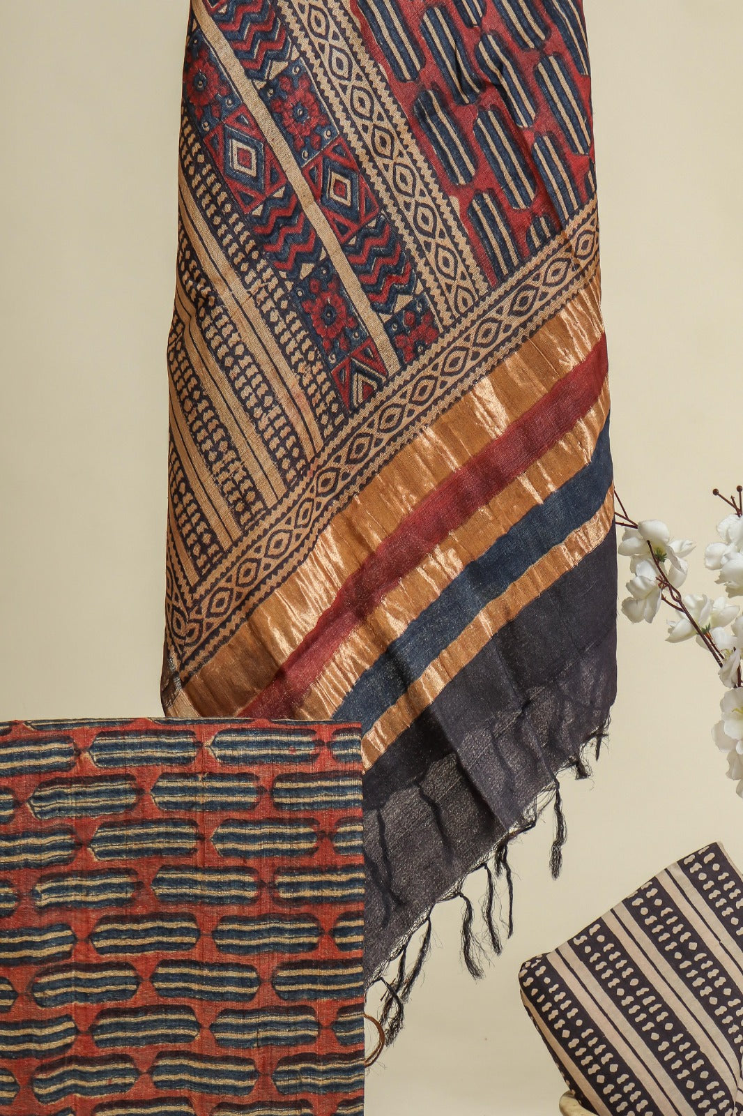 Shop hand block printed tussar silk suits in jaipur (TUS17)