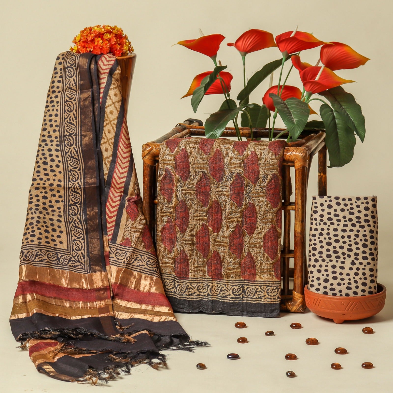 Shop block print tussar silk suits online shopping (TUS18)