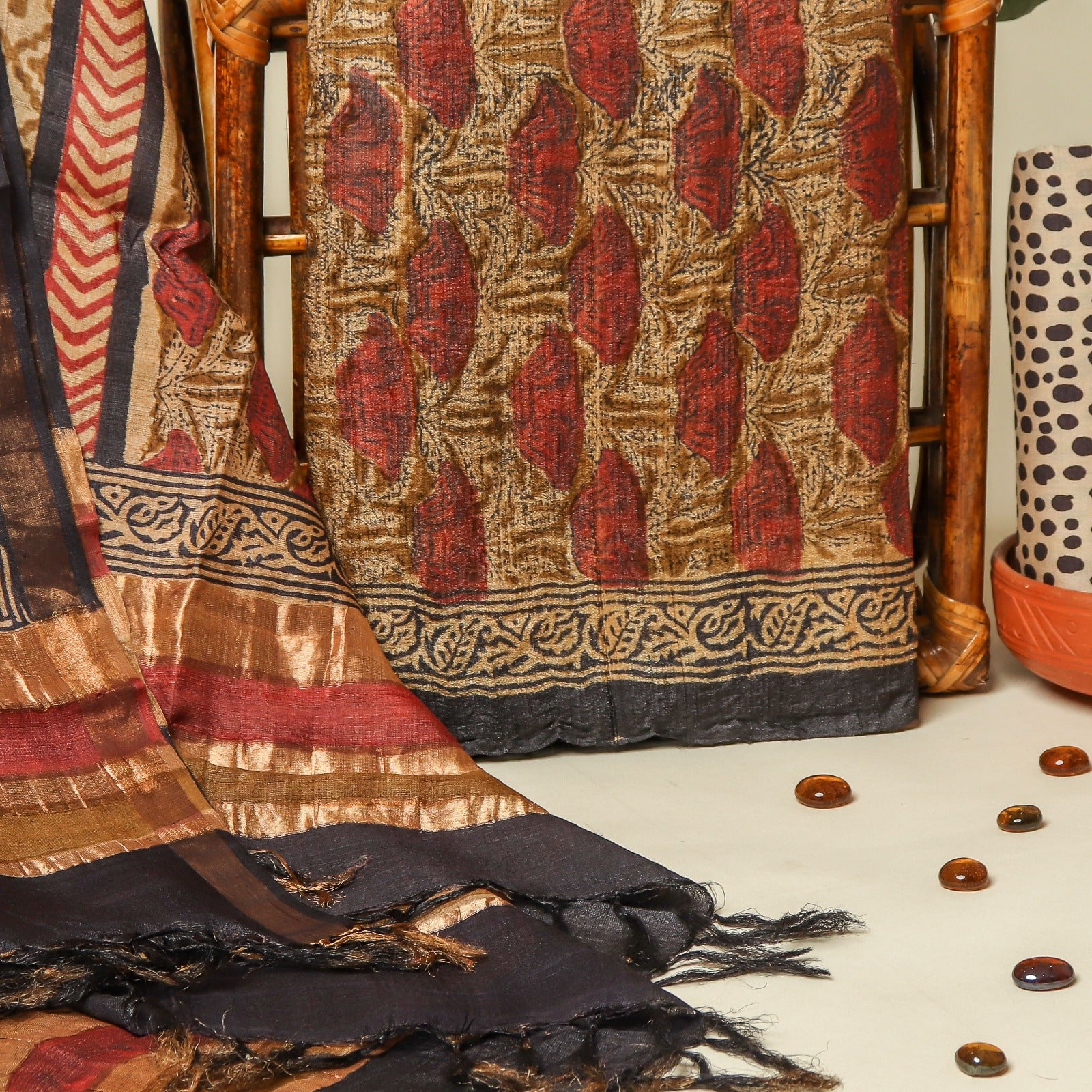 Shop block print tussar silk suits online shopping (TUS18)