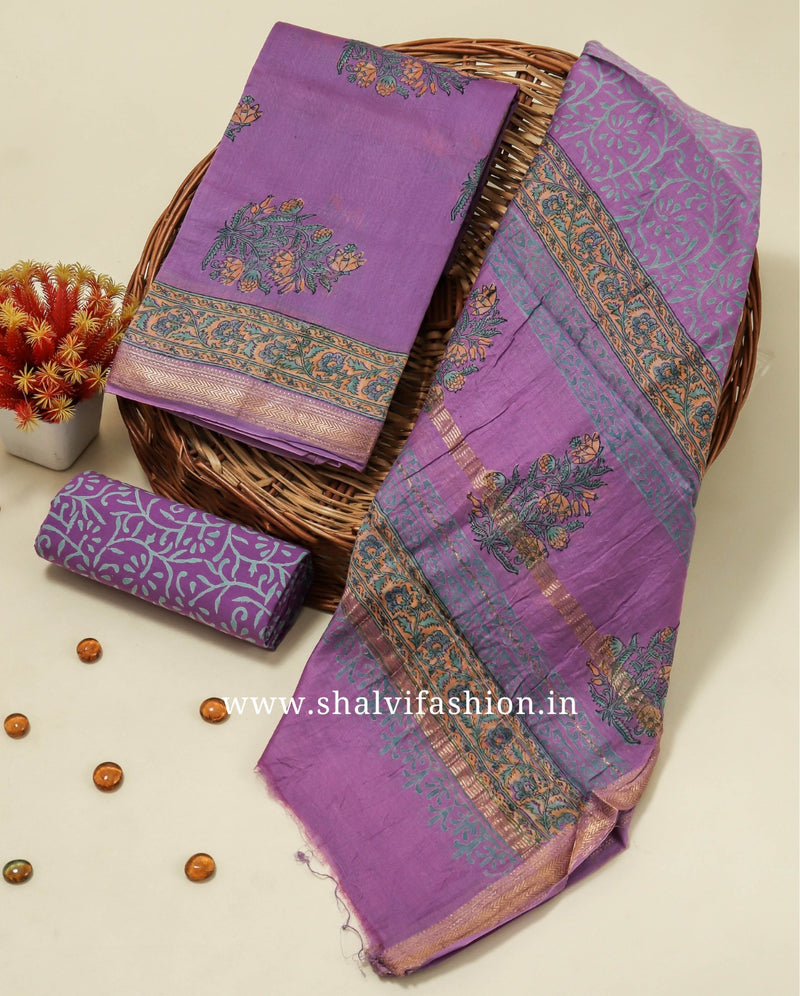 Elegent Hand Block Print Maheshwari Silk Suit Set (MSL416)
