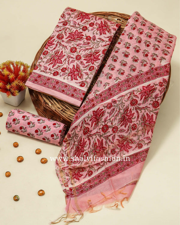 Flower Patterned Chanderi Silk Suit Set