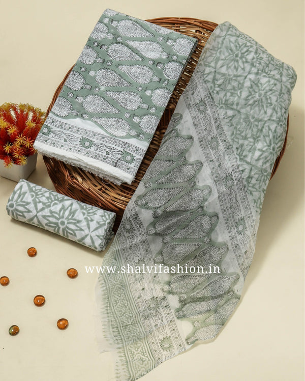Elegant Hand Block Print Cotton Suit Set with Chiffon Dupatta (RCHF26)