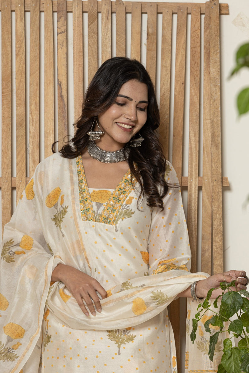 Yellow Buta Print Chanderi Silk Suit Set (CSS255)