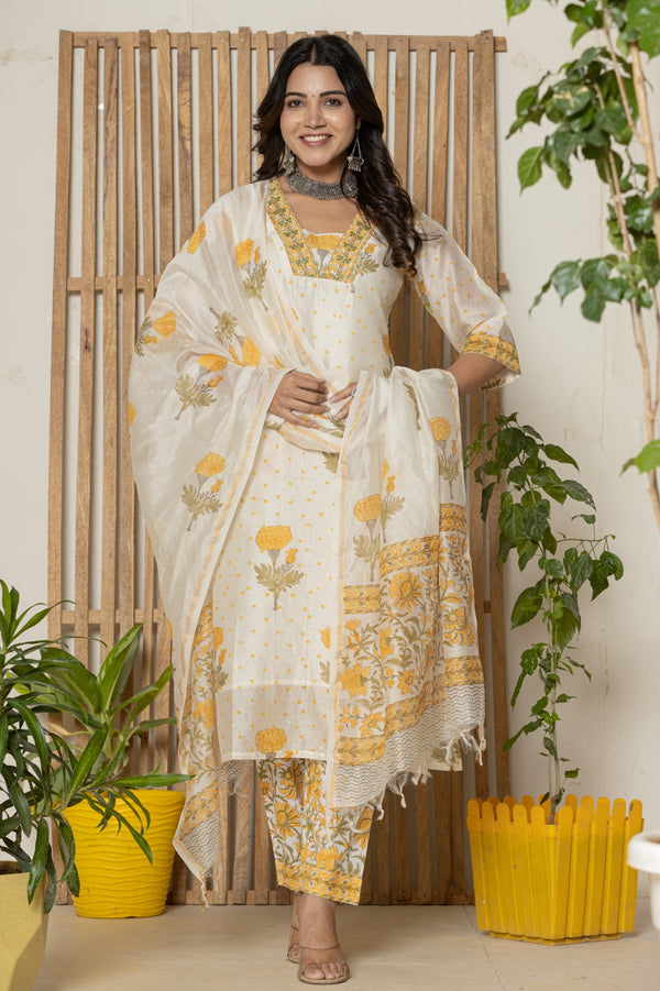 Yellow Buta Print Chanderi Silk Suit Set (CSS255)