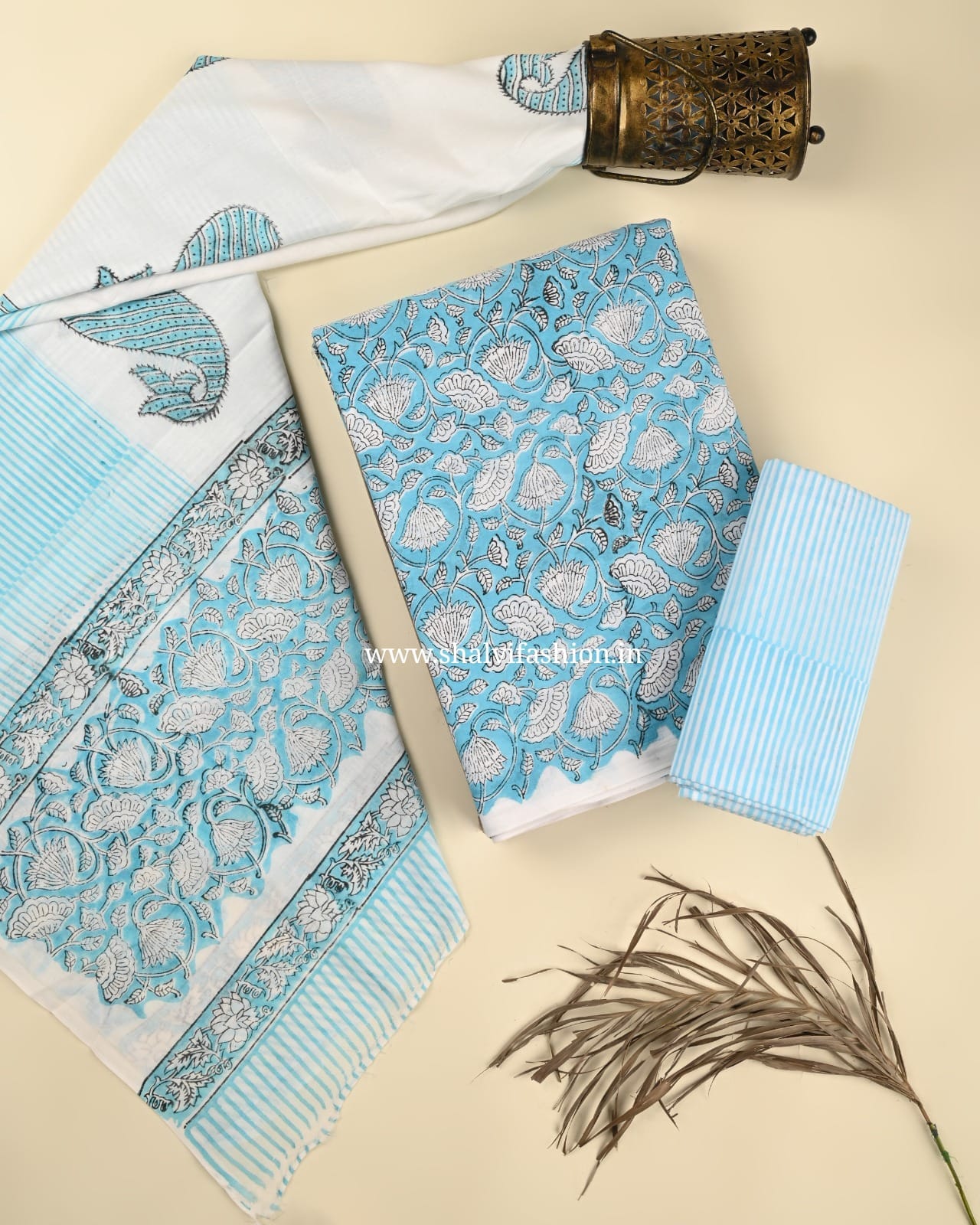 Shop unstitched block print cotton suits with mulmul dupatta (COT59)